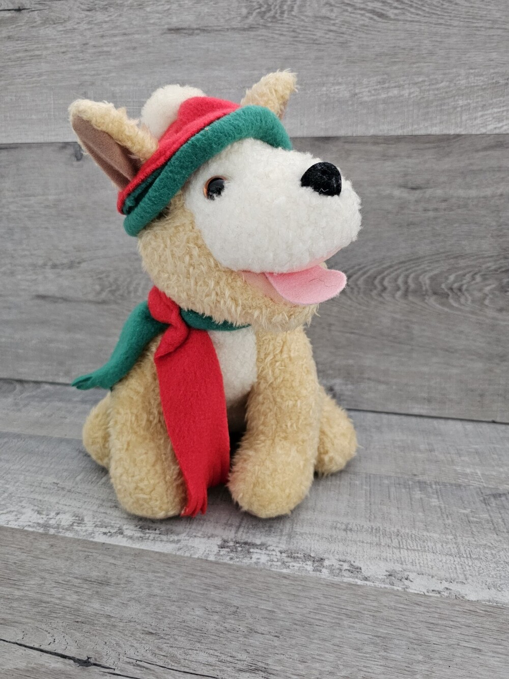 Dog Christmas Puppy Toy Plush Stuffed Animal 10" Hallmark Cards Tan Green Red